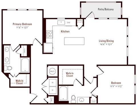Floor plan for 2 beds, 2 baths, 1224 sqft